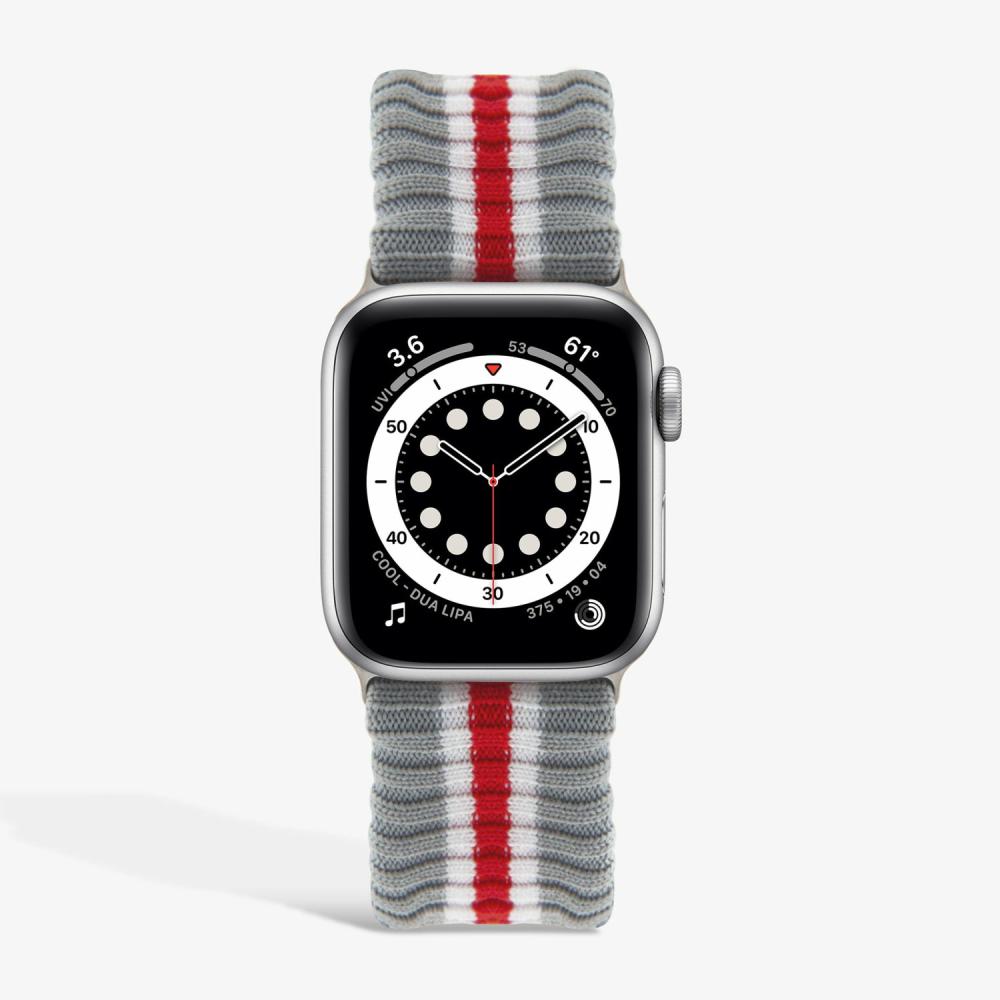 Knit Apple Watch Band – Varsity Grey + Red Stripe Apple Watch®