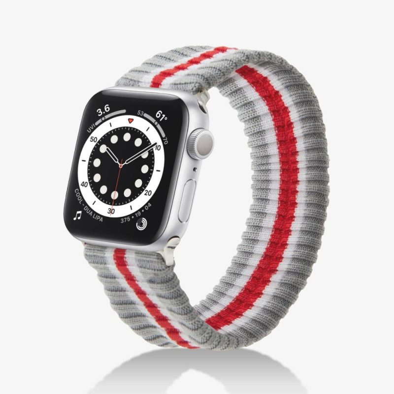 Knit Apple Watch Band – Varsity Grey + Red Stripe Apple Watch®