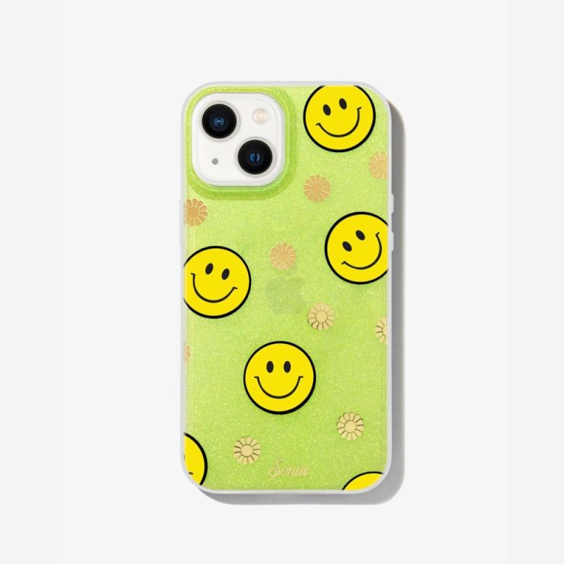 Neon Smiley Yellow iPhone Case Glitter Phone Cases